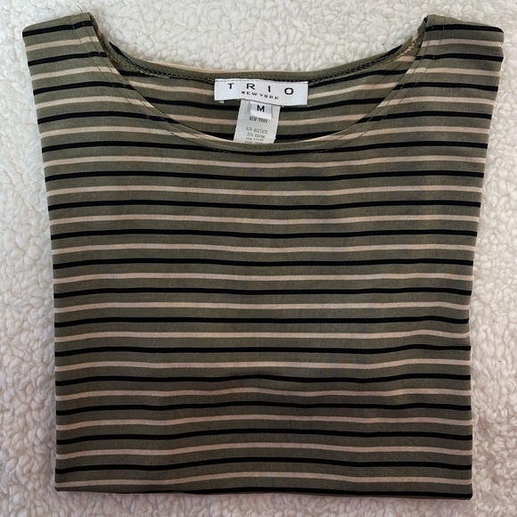 Trio New York Tops - Trio New York Black Olive & Tan Horizontal Striped Scoop Neck Top Size: M